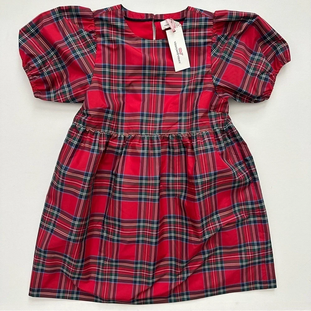 VINEYARDS VINES Girl's Plaid Taffeta Puff Sleeve Dress Size M